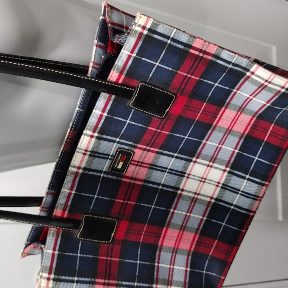 Tommy Hilfiger womens red, white and blue plaid fabric tote. Mint condition